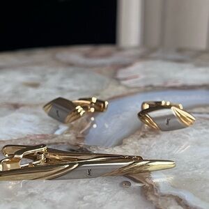 Yves Saint Laurent Gold and Silver Cufflinks and Tie Clip Set